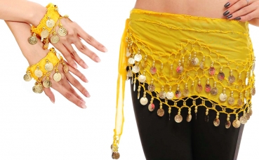 Belly Dance Bauchtanz Kostüm Hüfttuch inkl. ein Paar Handketten Münzgürtel Fasching Karneval Tanzaufführung Gürtel in gelb