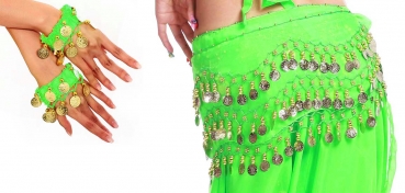 Belly Dance Bauchtanz Kostüm Hüfttuch inkl. ein Paar Handketten Münzgürtel Fasching Karneval Tanzaufführung Gürtel in grün