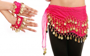 Belly Dance Bauchtanz Kostüm Hüfttuch inkl. ein Paar Handketten Münzgürtel Fasching Karneval Tanzaufführung Gürtel in pink