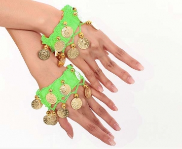 Belly Dance Handkette Armband Handschmuck Fasching Tanzen Bauchtanzen Handgelenk Manschette Verkleidung Armbänder mit goldfarbenen Münzen (Paar) in grün