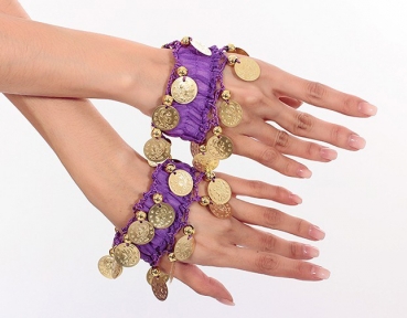 Belly Dance Handkette Armband Handschmuck Fasching Tanzen Bauchtanzen Handgelenk Manschette Verkleidung Armbänder mit goldfarbenen Münzen (Paar) in lila
