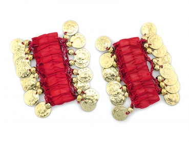 Belly Dance Handkette Armband Handschmuck Fasching Tanzen Bauchtanzen Handgelenk Manschette Verkleidung Armbänder mit goldfarbenen Münzen (Paar) in rot
