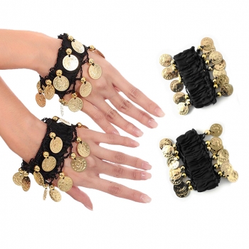 Belly Dance Handkette Armband Handschmuck Fasching Tanzen Bauchtanzen Handgelenk Manschette Verkleidung Armbänder mit goldfarbenen Münzen (Paar) in schwarz