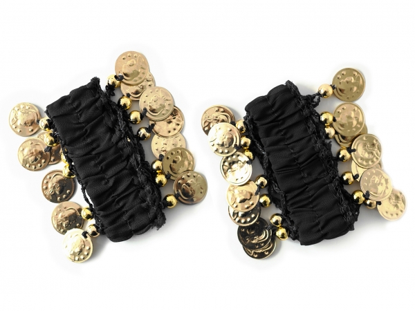 Belly Dance Handkette Armband Handschmuck Fasching Tanzen Bauchtanzen Handgelenk Manschette Verkleidung Armbänder mit goldfarbenen Münzen (Paar) in schwarz